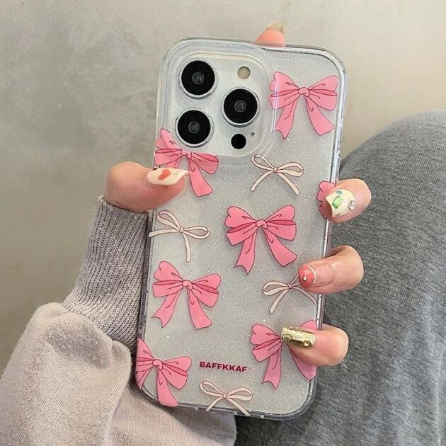 Aesthetic Cute Pink Bow Glitter Bling Transparent iPhone Hybrid Case